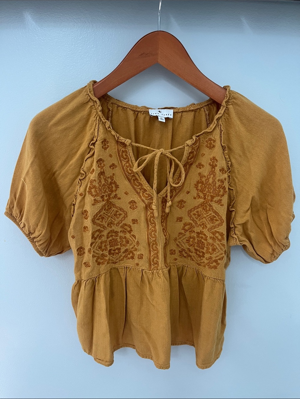 True Craft Mustard Yellow Embroidered Tie-Neck Peasant Top